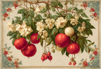 La Nonna placemat design — hanging tomato vine and white blossoms on aged cream, flat view