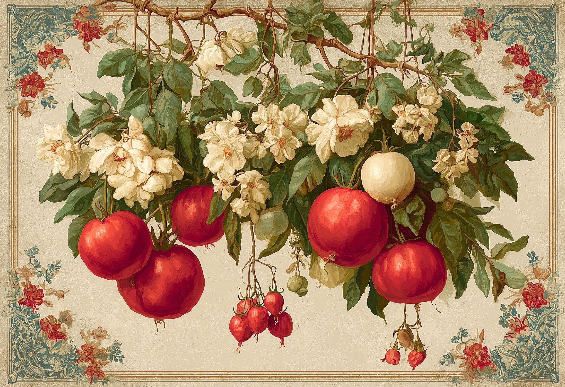 La Nonna placemat design — hanging tomato vine and white blossoms on aged cream, flat view