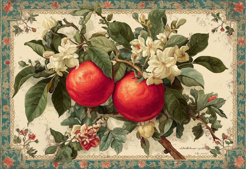La Nonna placemat design — vintage botanical tomatoes and jasmine with ornate border, flat view