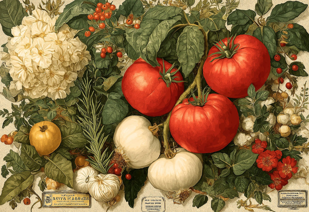 La Nonna placemat design — Italian market still life with tomatoes, garlic and herbs, flat view
